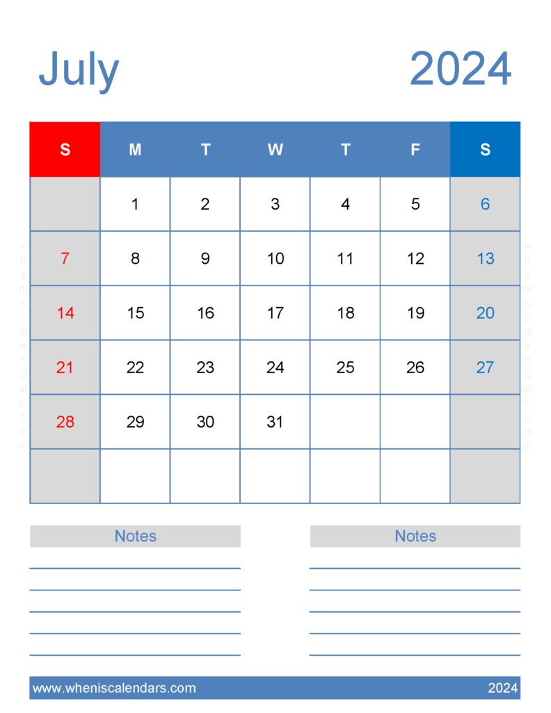 Download July 2024 Calendar with Holidays Printable Free Letter Vertical 74266