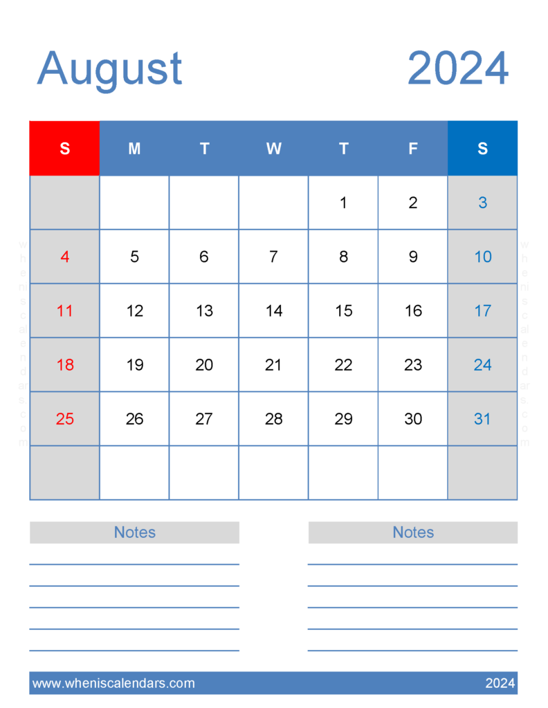 Download August 2024 Calendar with Holidays Printable Free Letter Vertical 84266