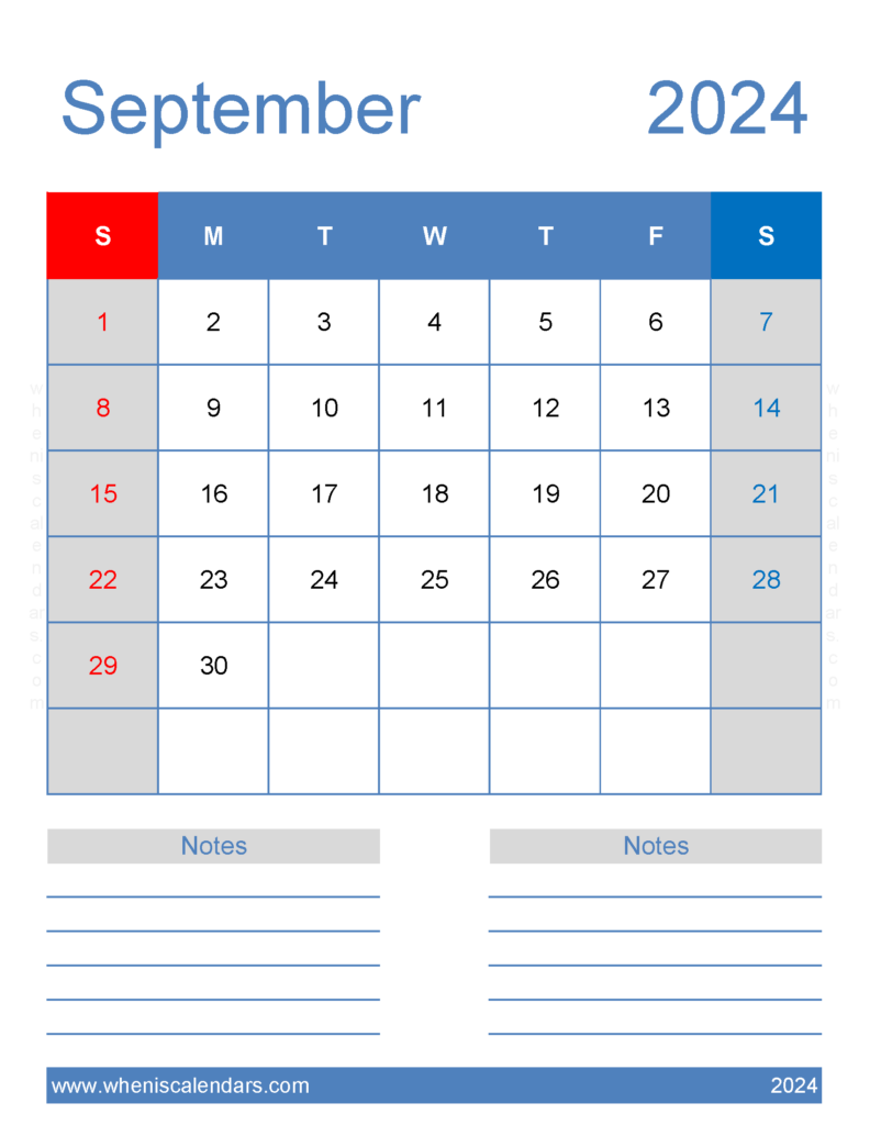 Download September 2024 Calendar with Holidays Printable Free Letter Vertical 94266