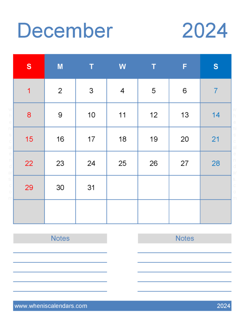 Download December 2024 Calendar with Holidays Printable Free Letter Vertical 124266