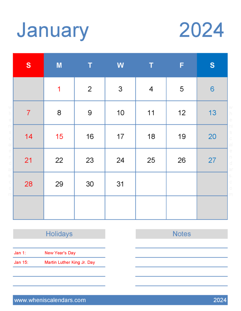 Download excel Calendar January 2024 Letter Vertical J4186