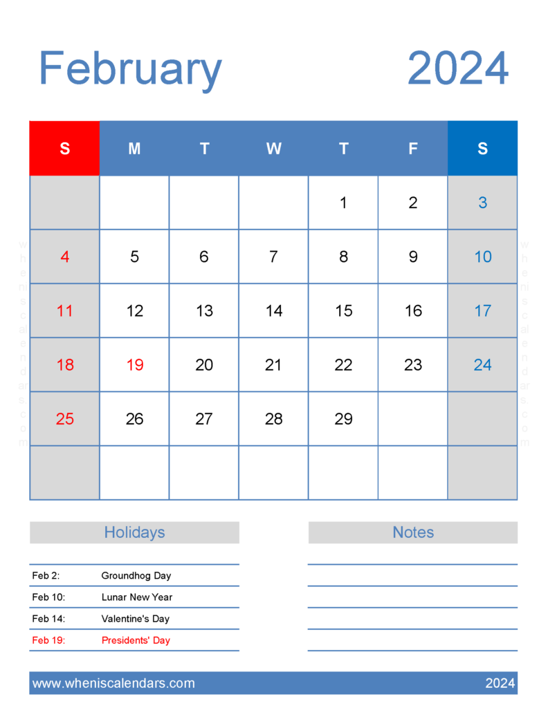 Download excel Calendar February 2024 Letter Vertical 24186