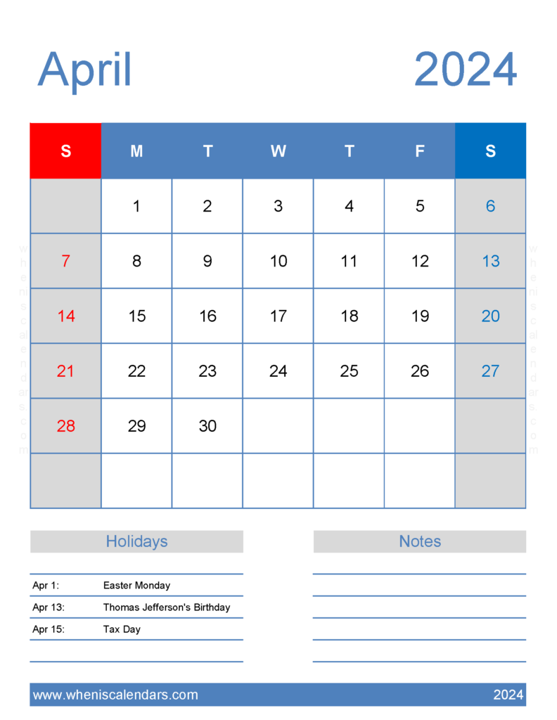 Download excel Calendar April 2024 Letter Vertical 44186