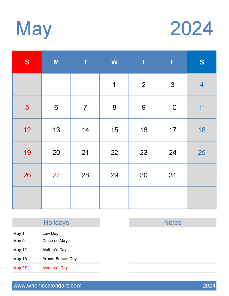 Download excel Calendar May 2024 Letter Vertical 54186