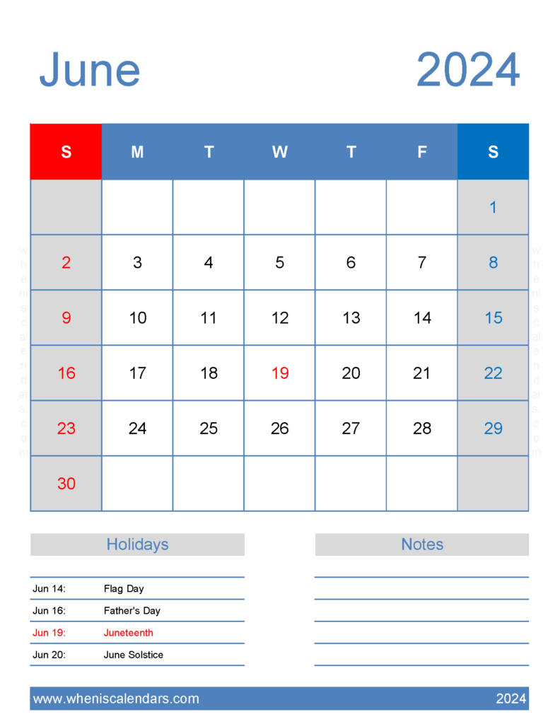 Download excel Calendar June 2024 Letter Vertical 64186