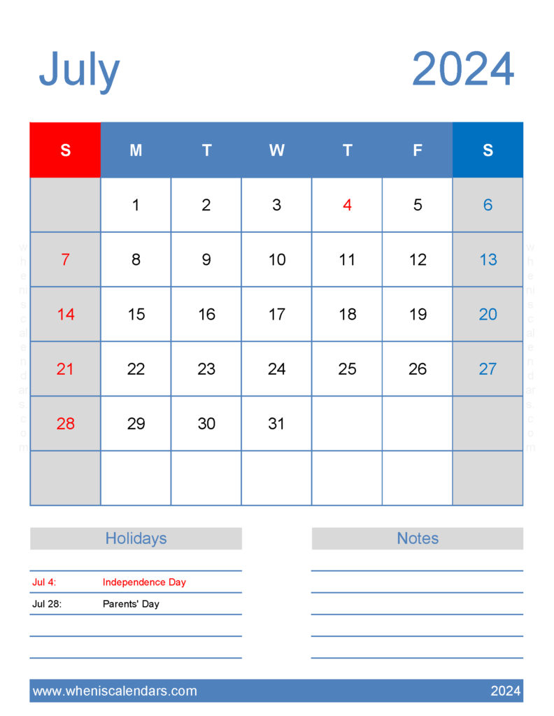 Download excel Calendar July 2024 Letter Vertical 74186