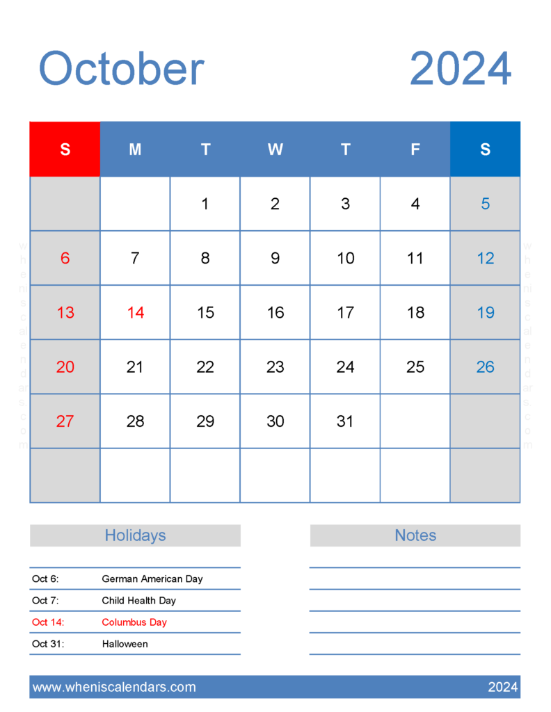 Download excel Calendar October 2024 Letter Vertical 104186