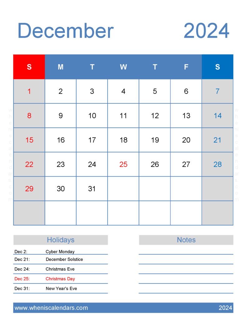 Download excel Calendar December 2024 Letter Vertical 124186
