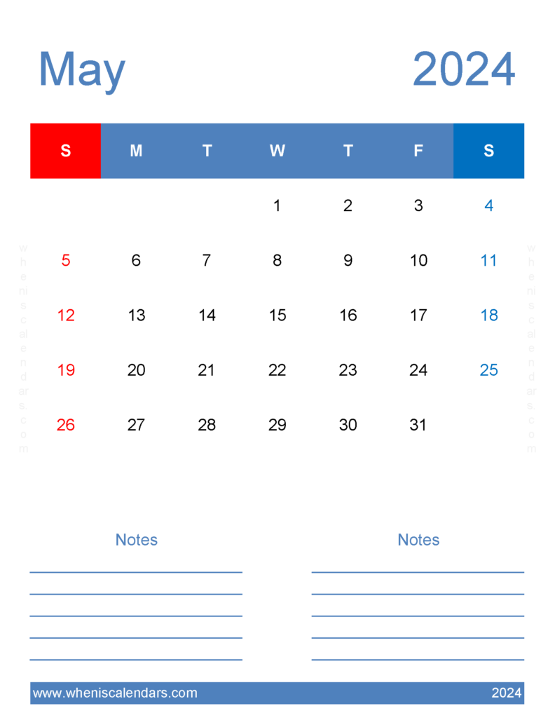 Download May 2024 editable Calendar Letter Vertical 54267
