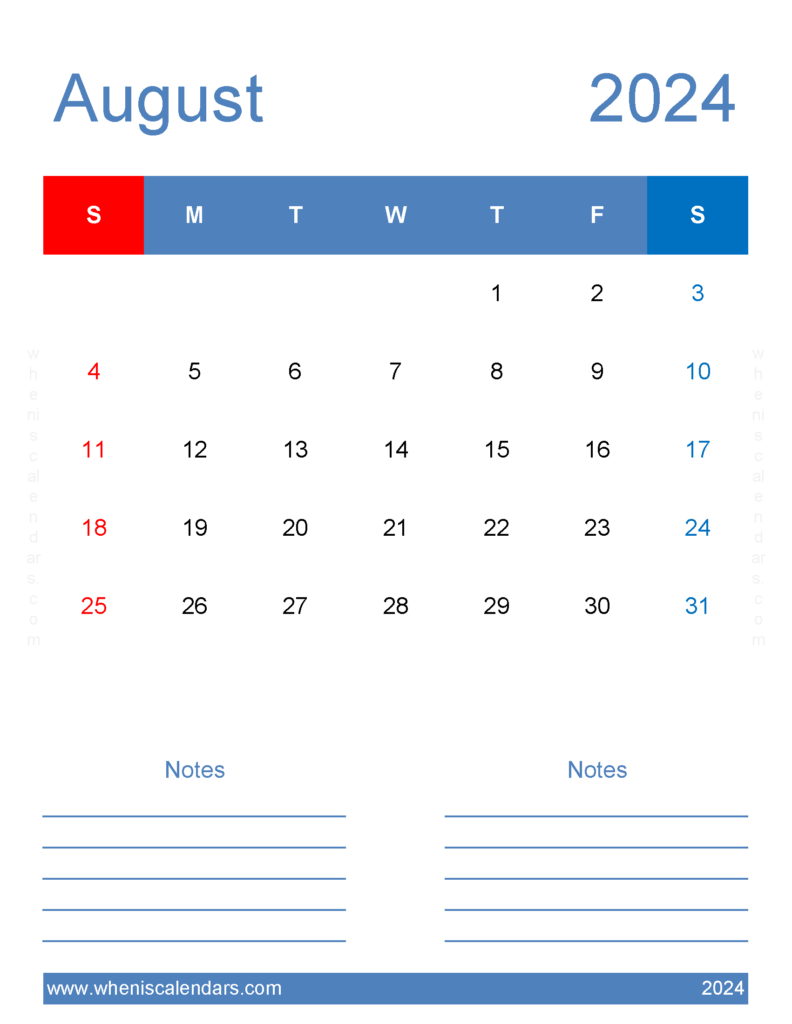 Download Aug 2024 editable Calendar Letter Vertical 84267