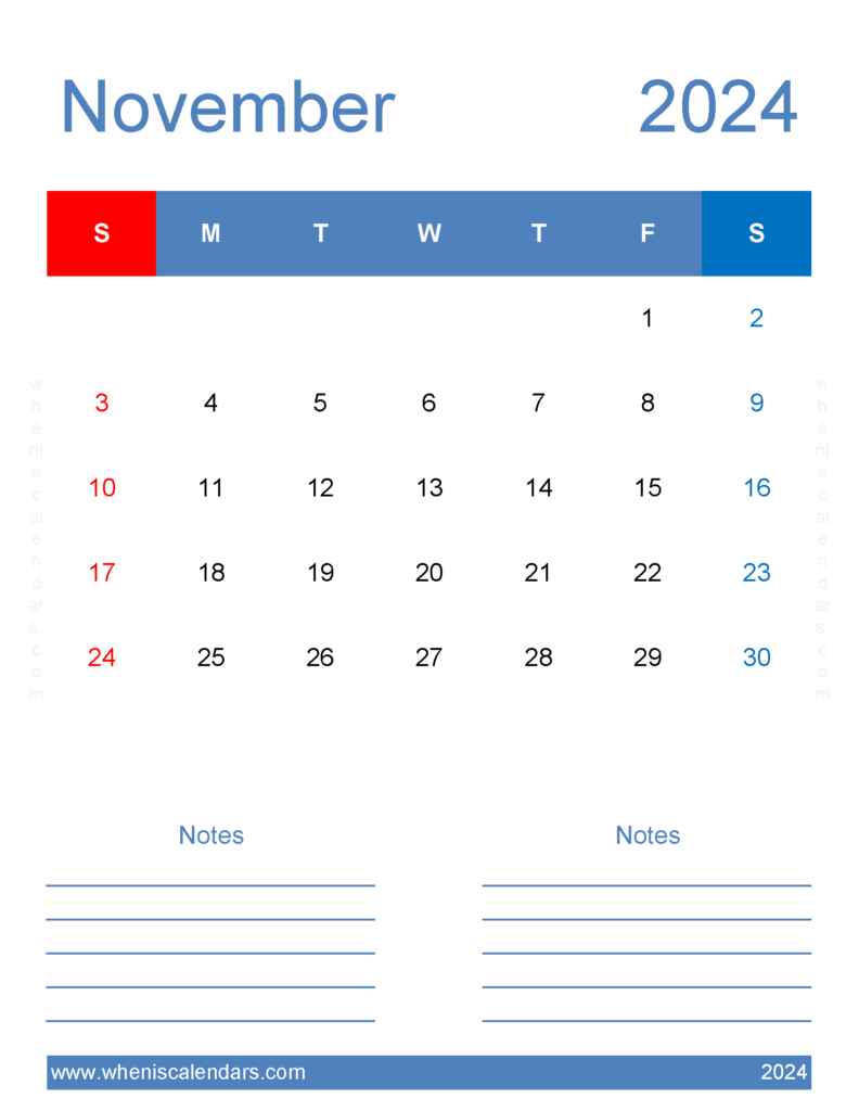 Download Nov 2024 editable Calendar Letter Vertical 114267