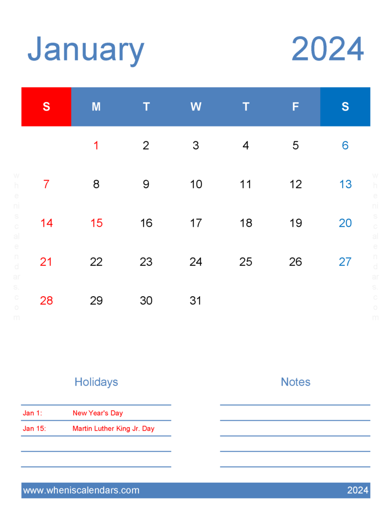 Download editable January Calendar 2024 Letter Vertical J4187