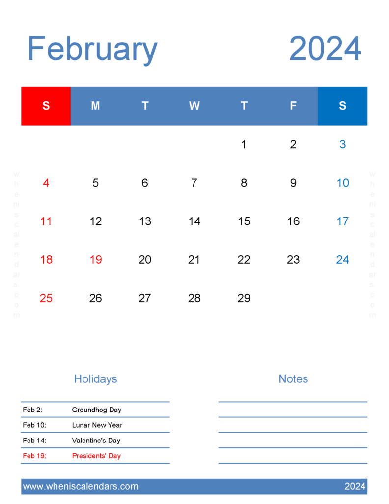 Download editable February Calendar 2024 Letter Vertical 24187