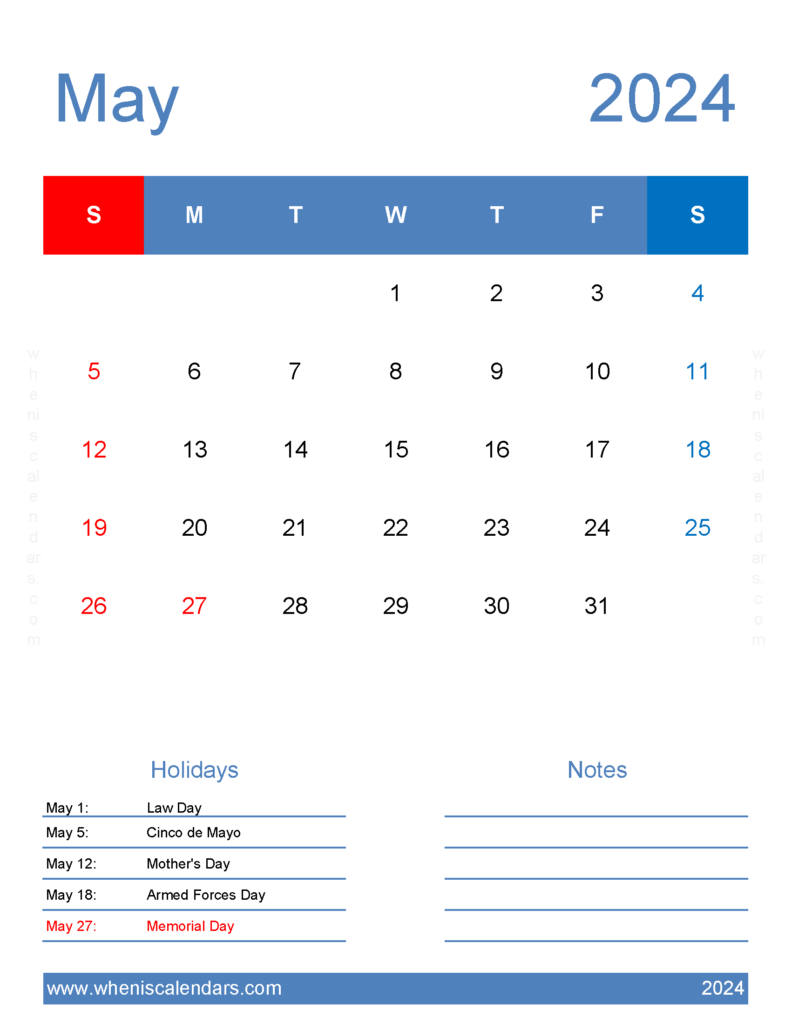 Download editable May Calendar 2024 Letter Vertical 54187