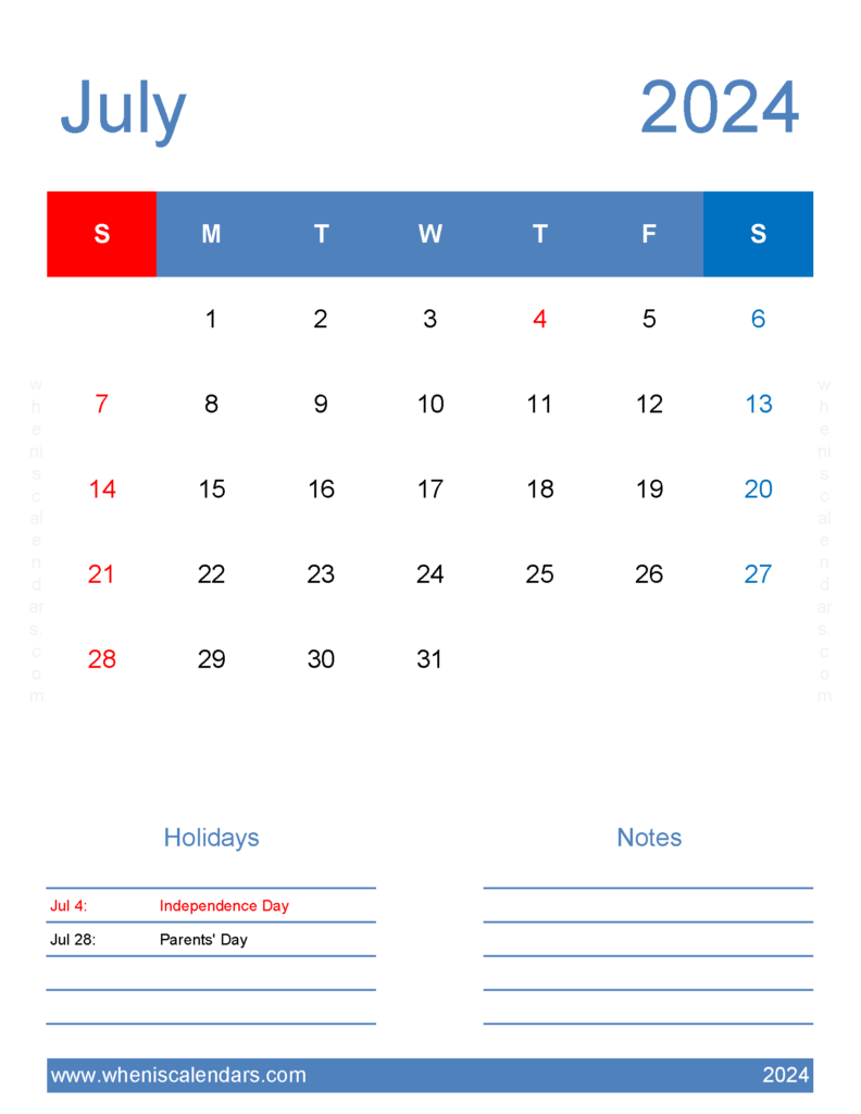 Download editable July Calendar 2024 Letter Vertical 74187