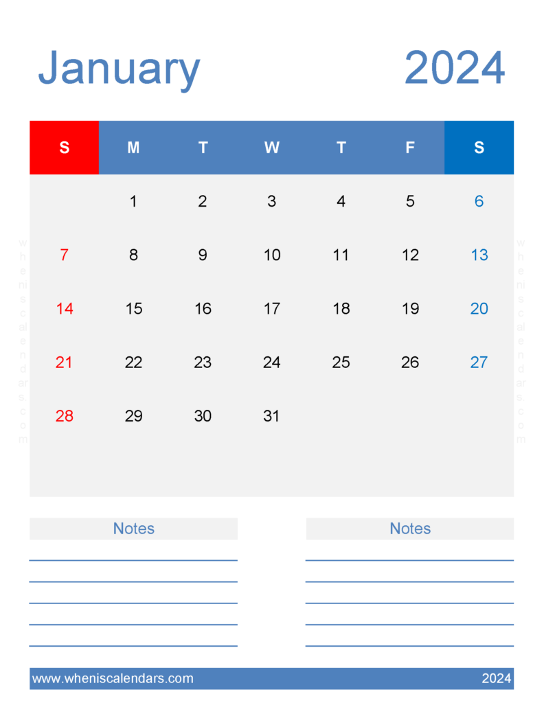 Download Free print January 2024 Calendar Letter Vertical J4268