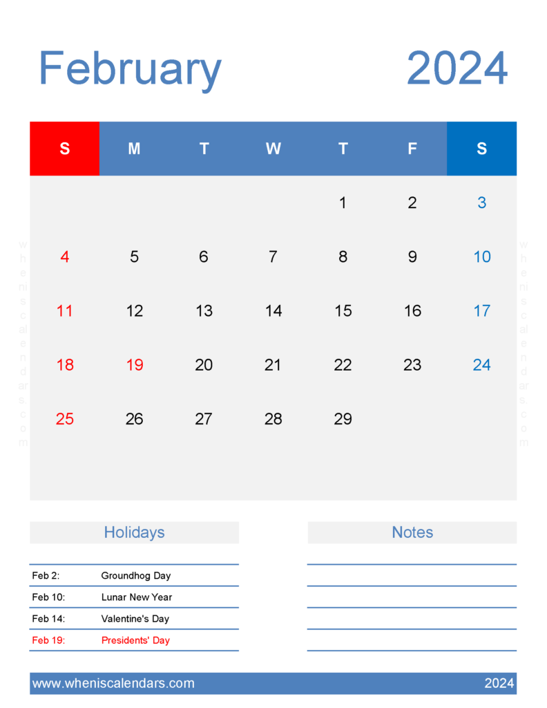 Download Free Printable February 2024 Calendar Letter Vertical 24188