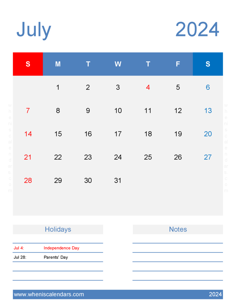 Download Free Printable July 2024 Calendar Letter Vertical 74188