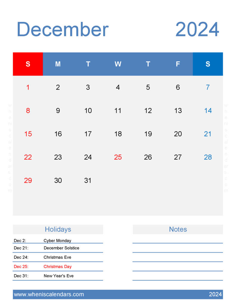 Download Free Printable December 2024 Calendar Letter Vertical 124188