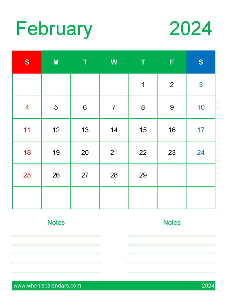 Download print Calendar 2024 February Letter Vertical 24269