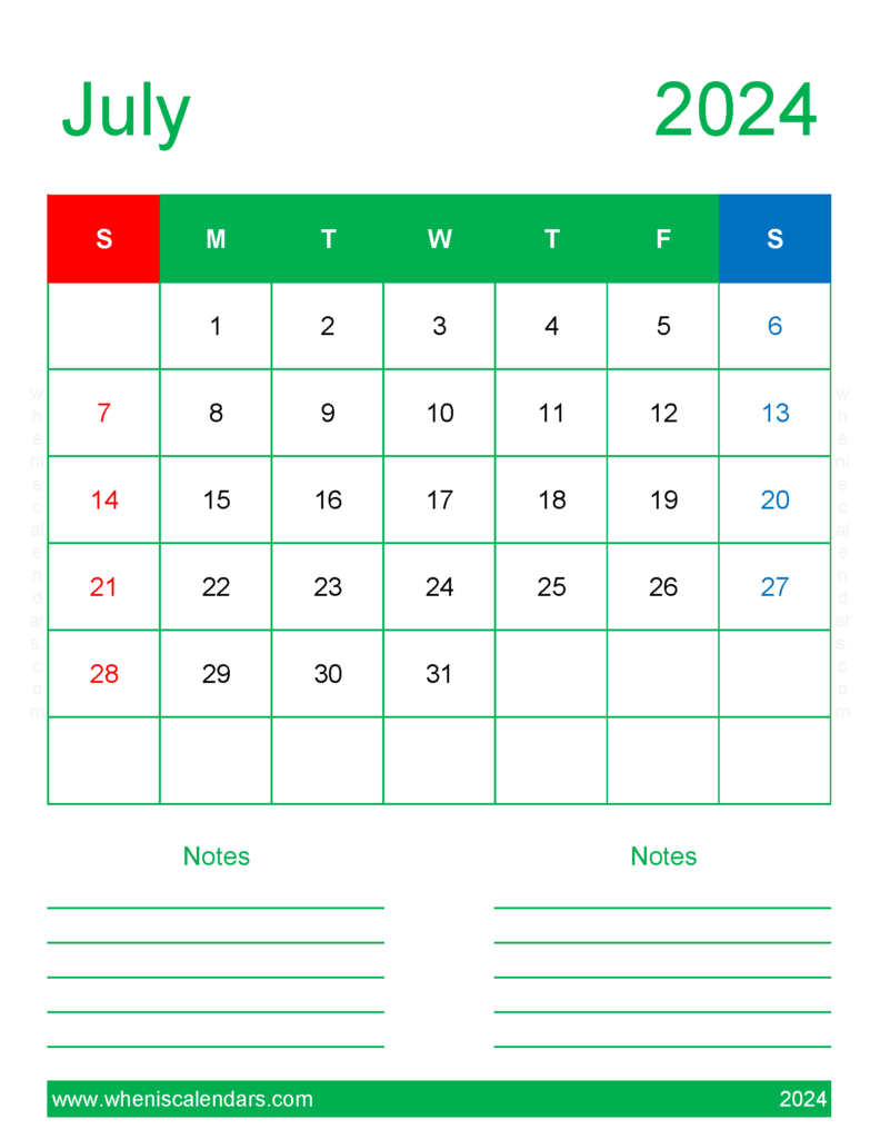 Download print Calendar 2024 July Letter Vertical 74269