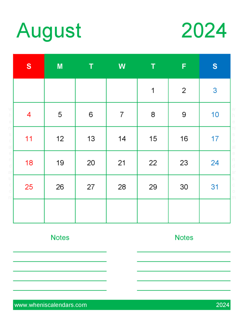 Download print Calendar 2024 August Letter Vertical 84269