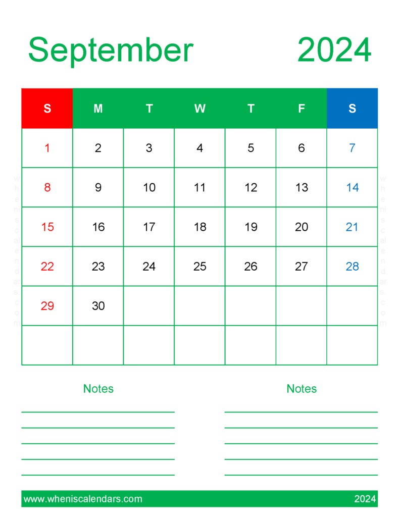 Download print Calendar 2024 September Letter Vertical 94269