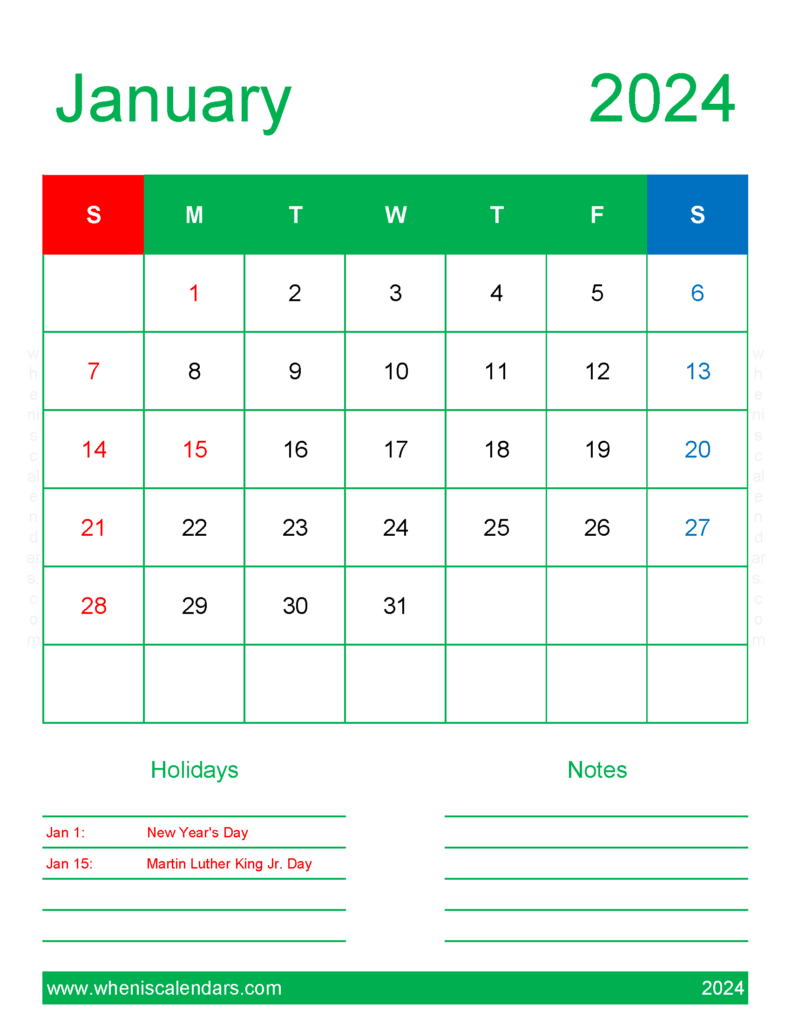 Download Blank Calendar page January 2024 Letter Vertical J4189
