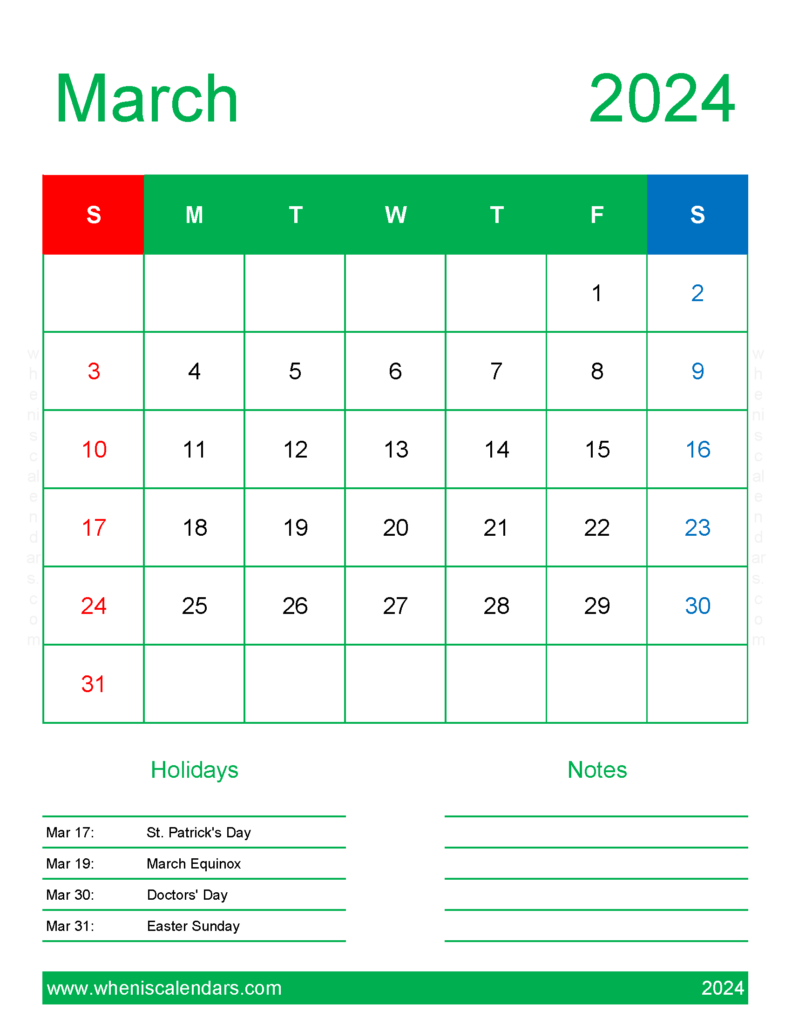 Download Blank Calendar page March 2024 Letter Vertical 34189