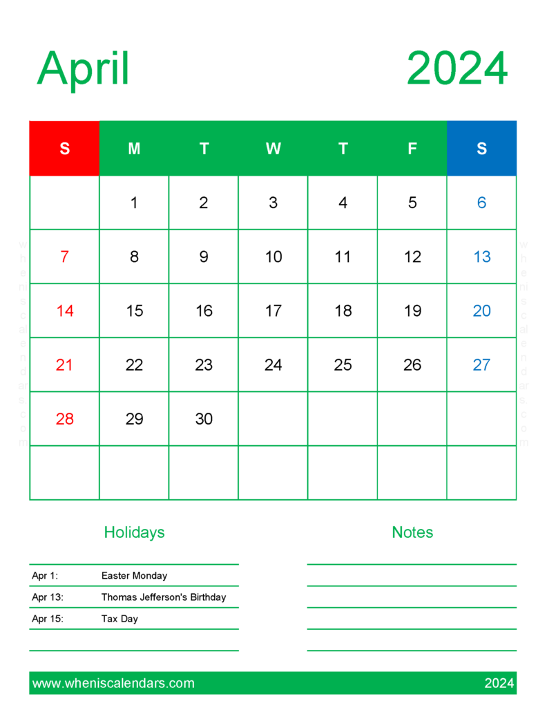 Download Blank Calendar page April 2024 Letter Vertical 44189