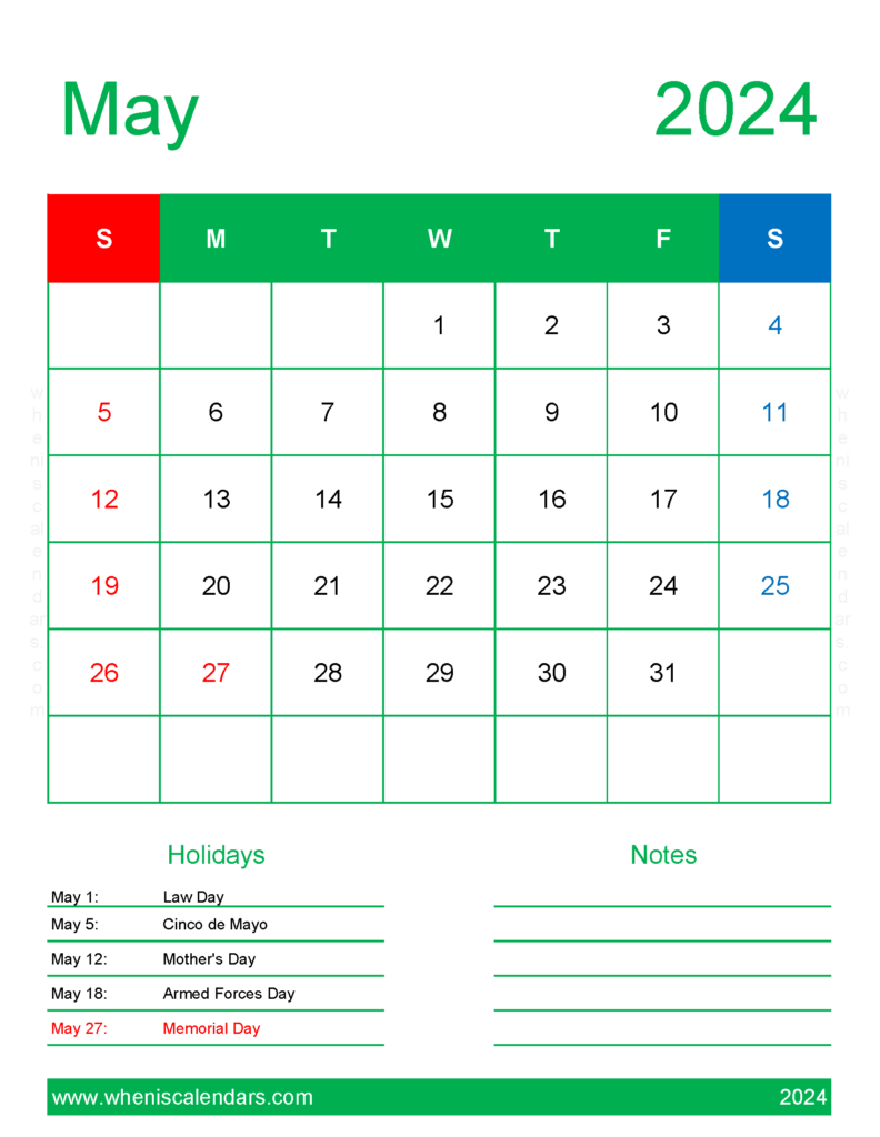 Download Blank Calendar page May 2024 Letter Vertical 54189