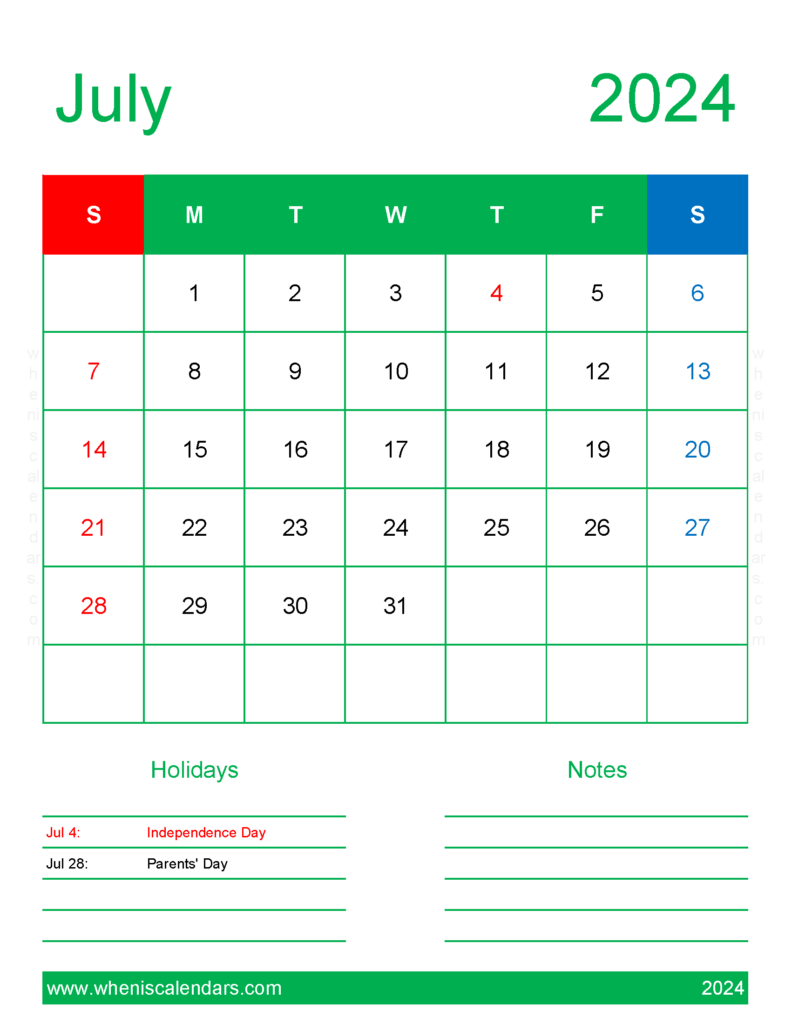 Download Blank Calendar page July 2024 Letter Vertical 74189