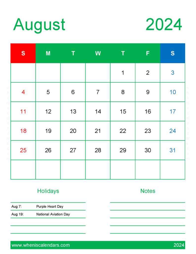 Download Blank Calendar page August 2024 Letter Vertical 84189