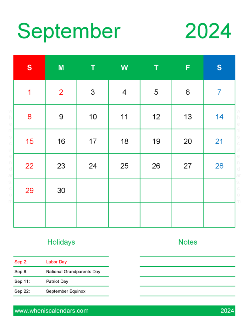 Download Blank Calendar page September 2024 Letter Vertical 94189