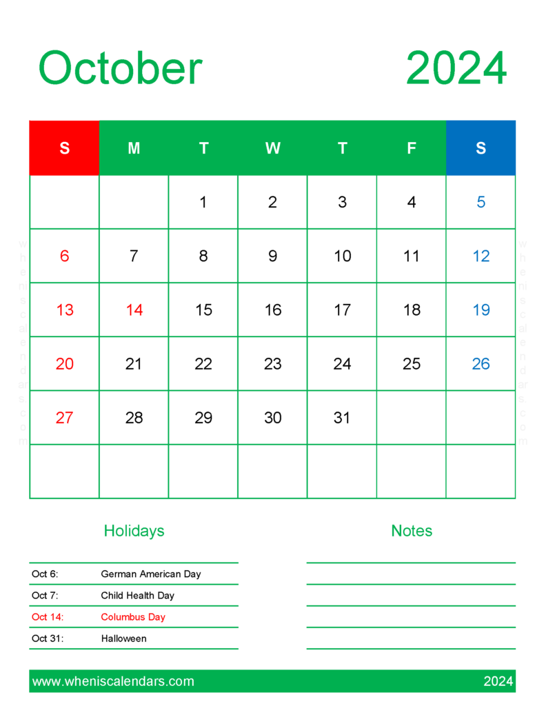 Download Blank Calendar page October 2024 Letter Vertical 104189