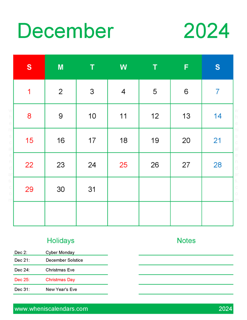 Download Blank Calendar page December 2024 Letter Vertical 124189