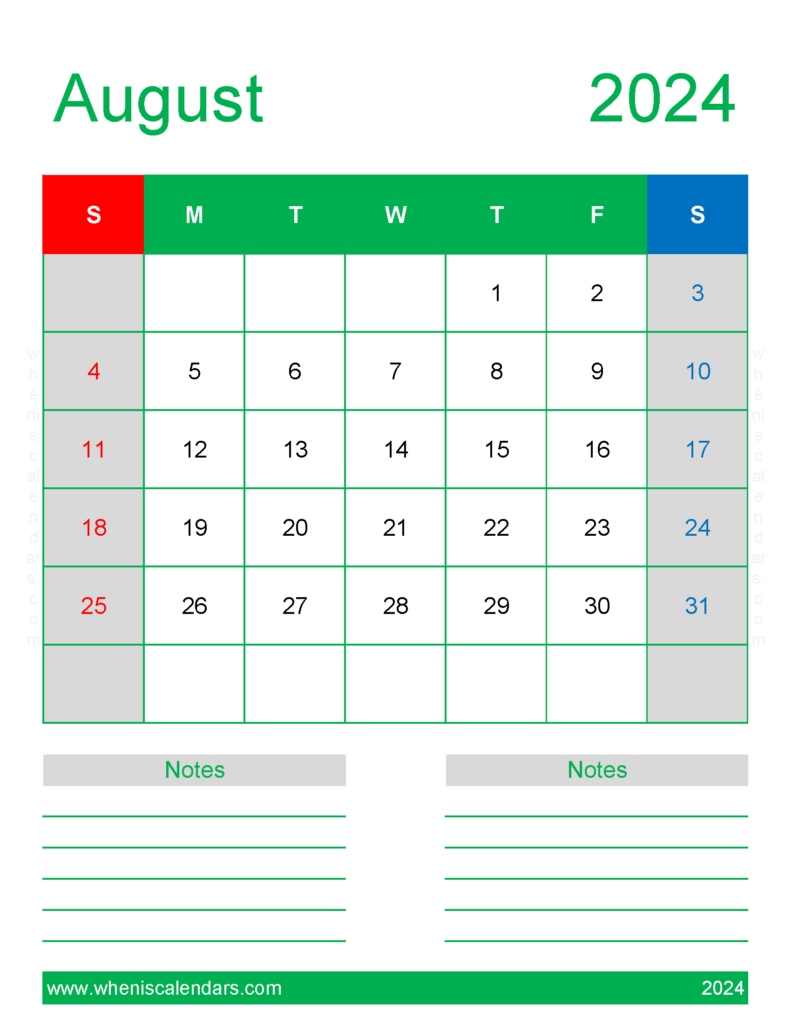 Download August 2024 Calendar Free Printable Calendar Letter Vertical 84270