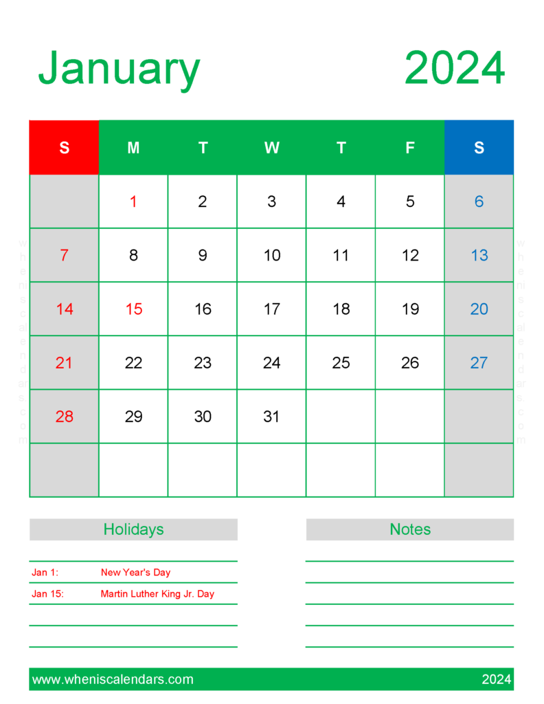 Download 2024 January Holiday Calendar Letter Vertical J4190