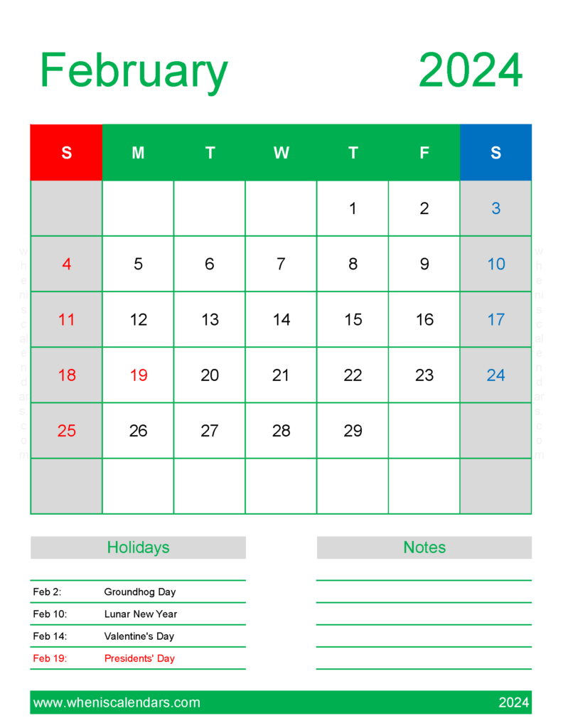 Download 2024 February Holiday Calendar Letter Vertical 24190