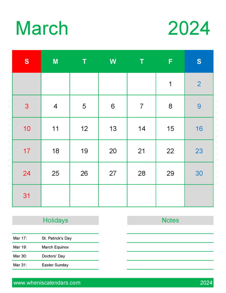 Download 2024 March Holiday Calendar Letter Vertical 34190
