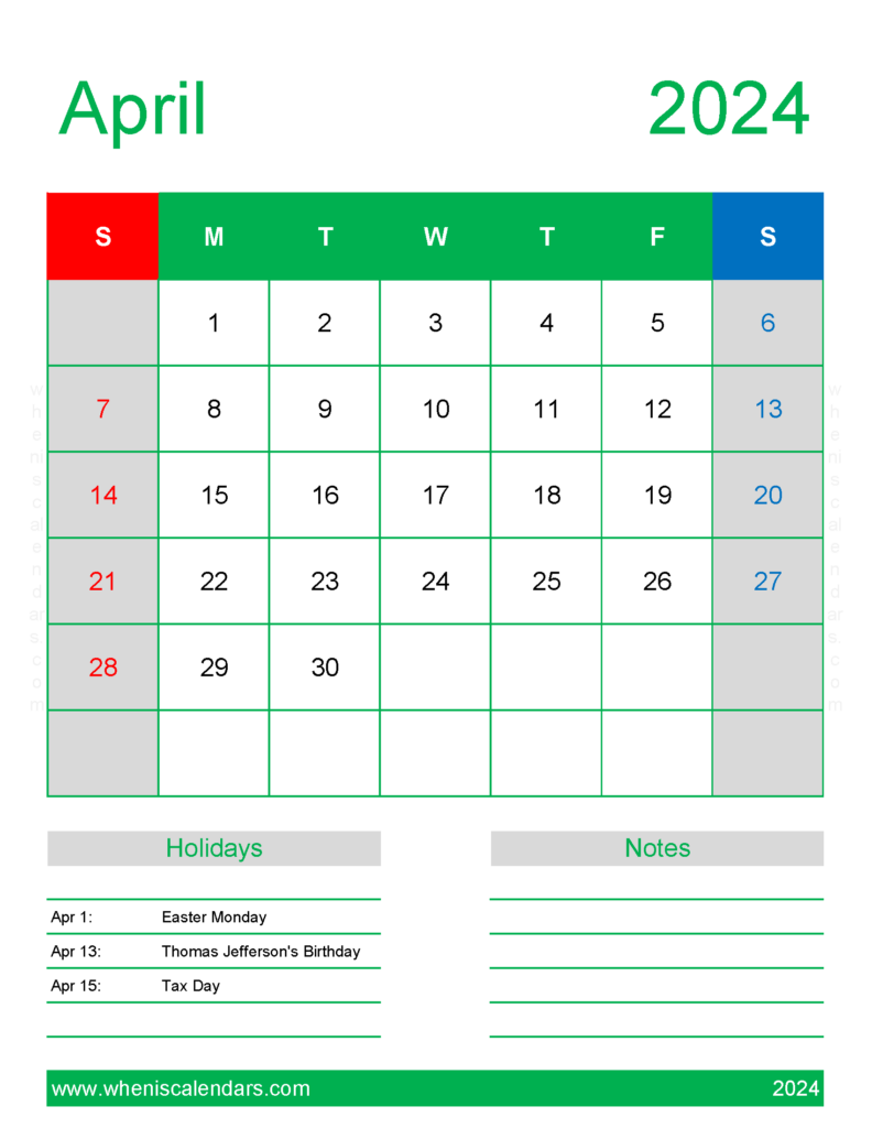 Download 2024 April Holiday Calendar Letter Vertical 44190