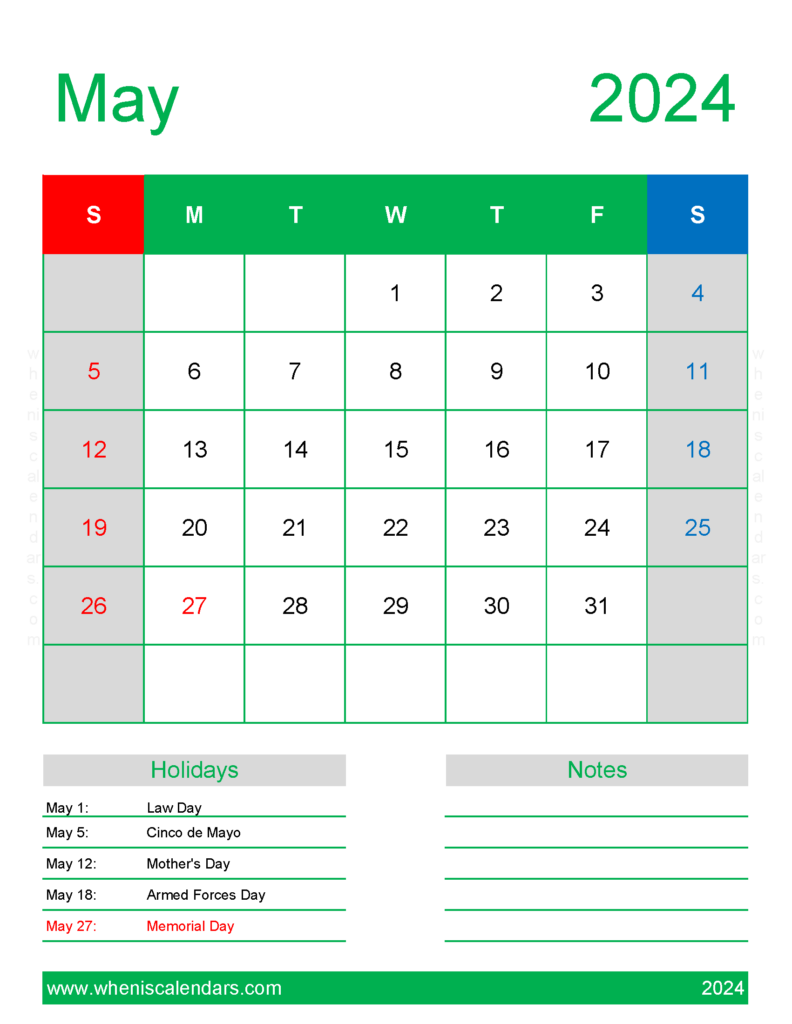 Download 2024 May Holiday Calendar Letter Vertical 54190