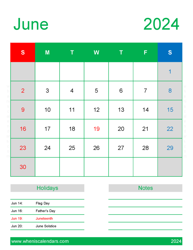 Download 2024 June Holiday Calendar Letter Vertical 64190