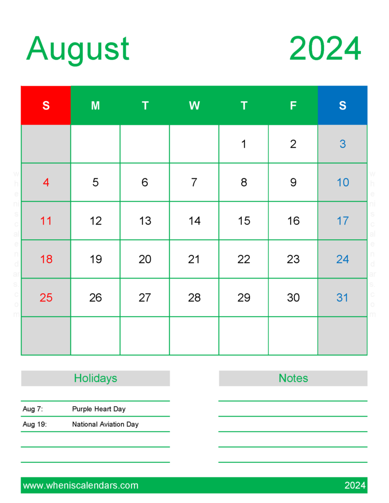 Download 2024 August Holiday Calendar Letter Vertical 84190