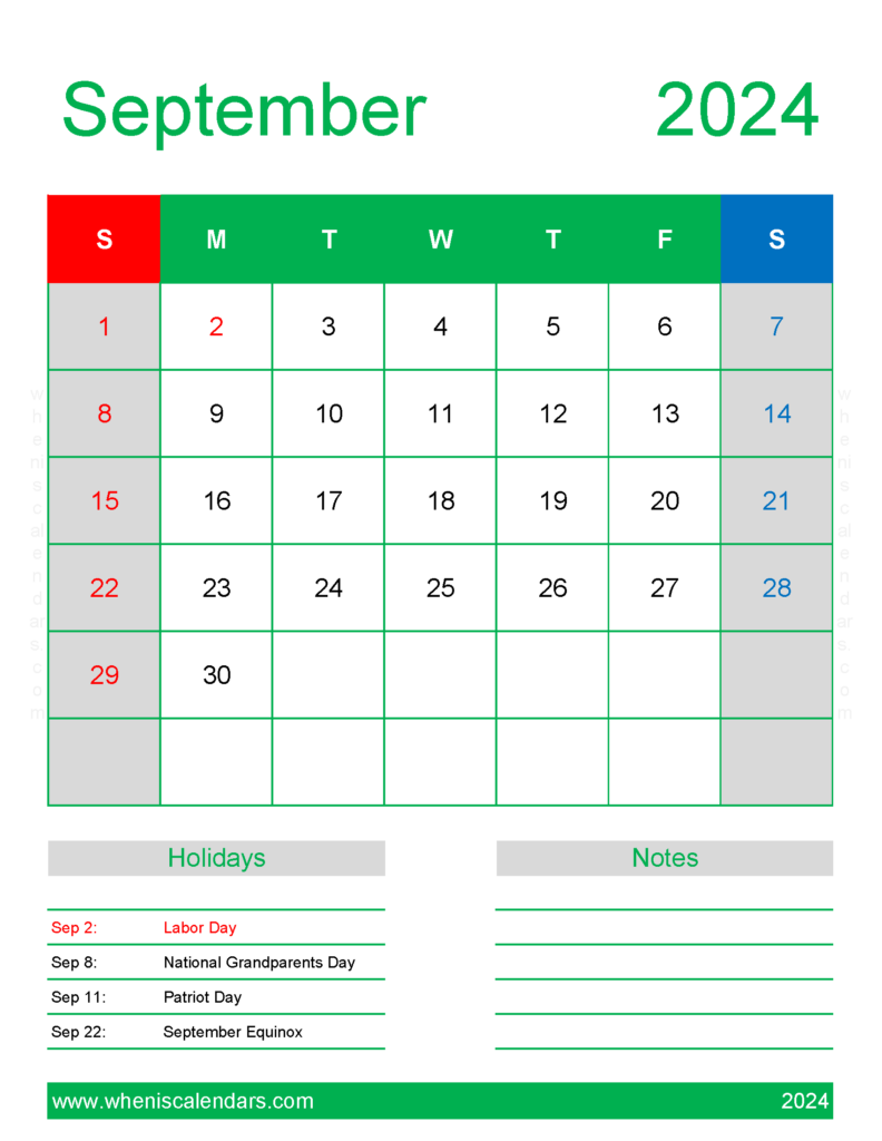 Download 2024 September Holiday Calendar Letter Vertical 94190