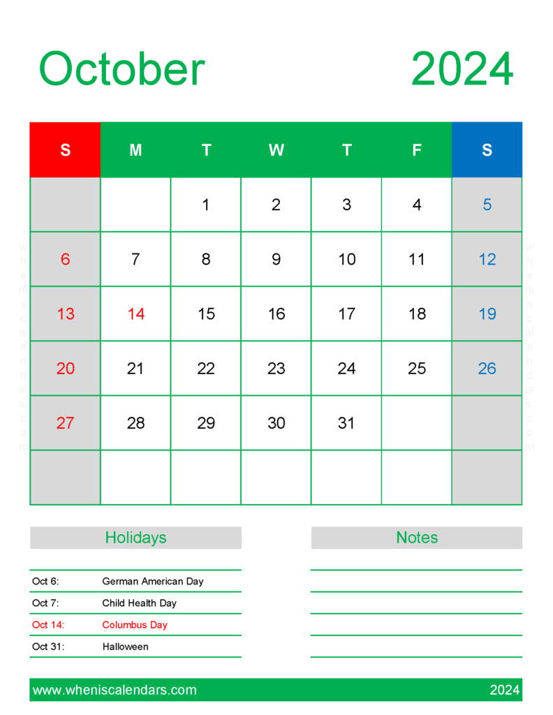 Download 2024 October Holiday Calendar Letter Vertical 104190