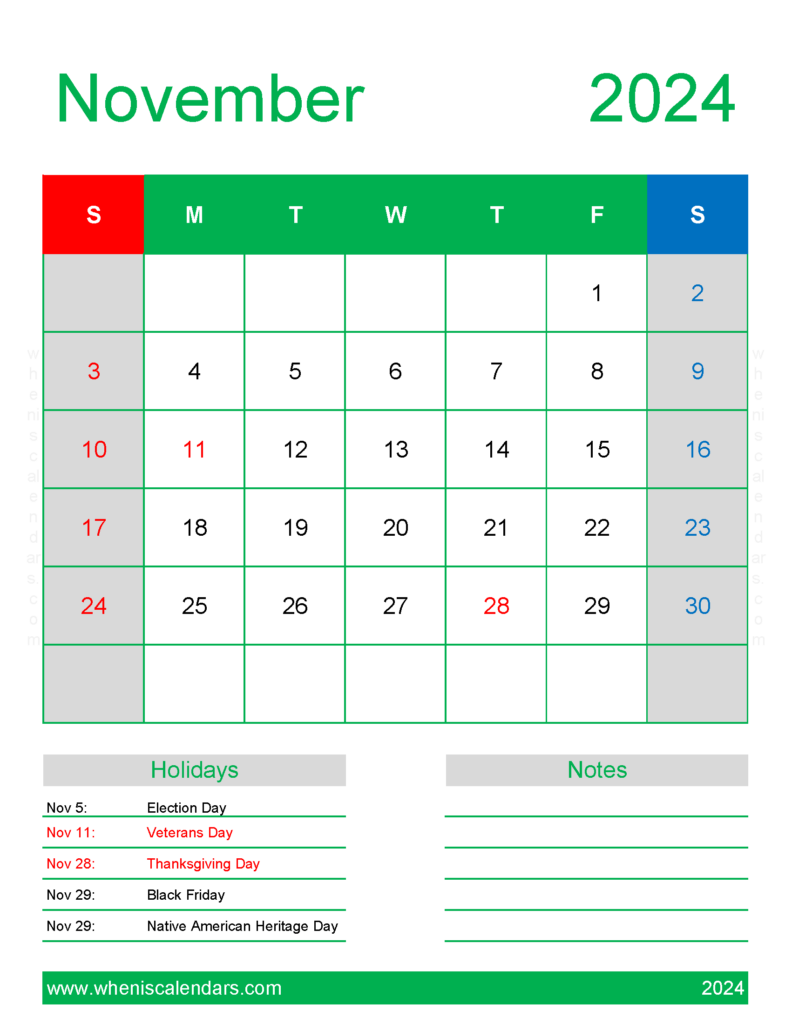 Download 2024 November Holiday Calendar Letter Vertical 114190