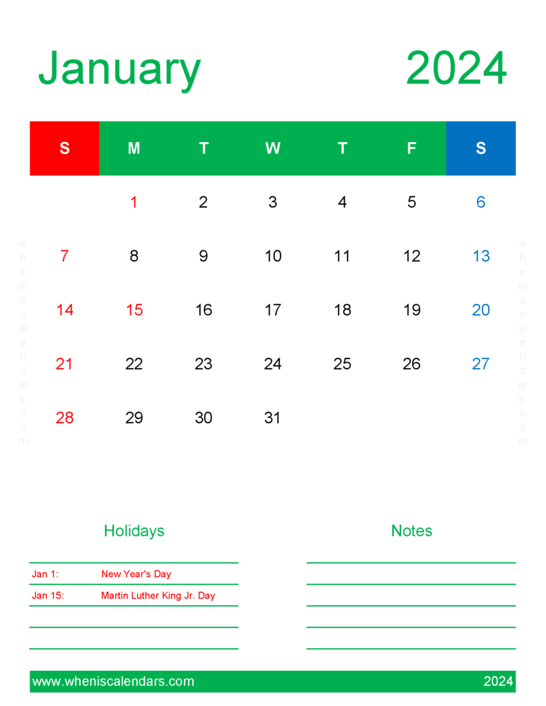 Download January 2024 Template Calendar Letter Vertical J4191