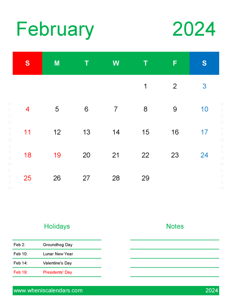 Download February 2024 Template Calendar Letter Vertical 24191