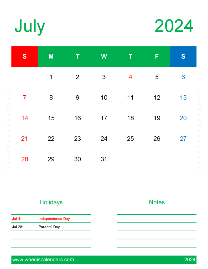 Download July 2024 Template Calendar Letter Vertical 74191